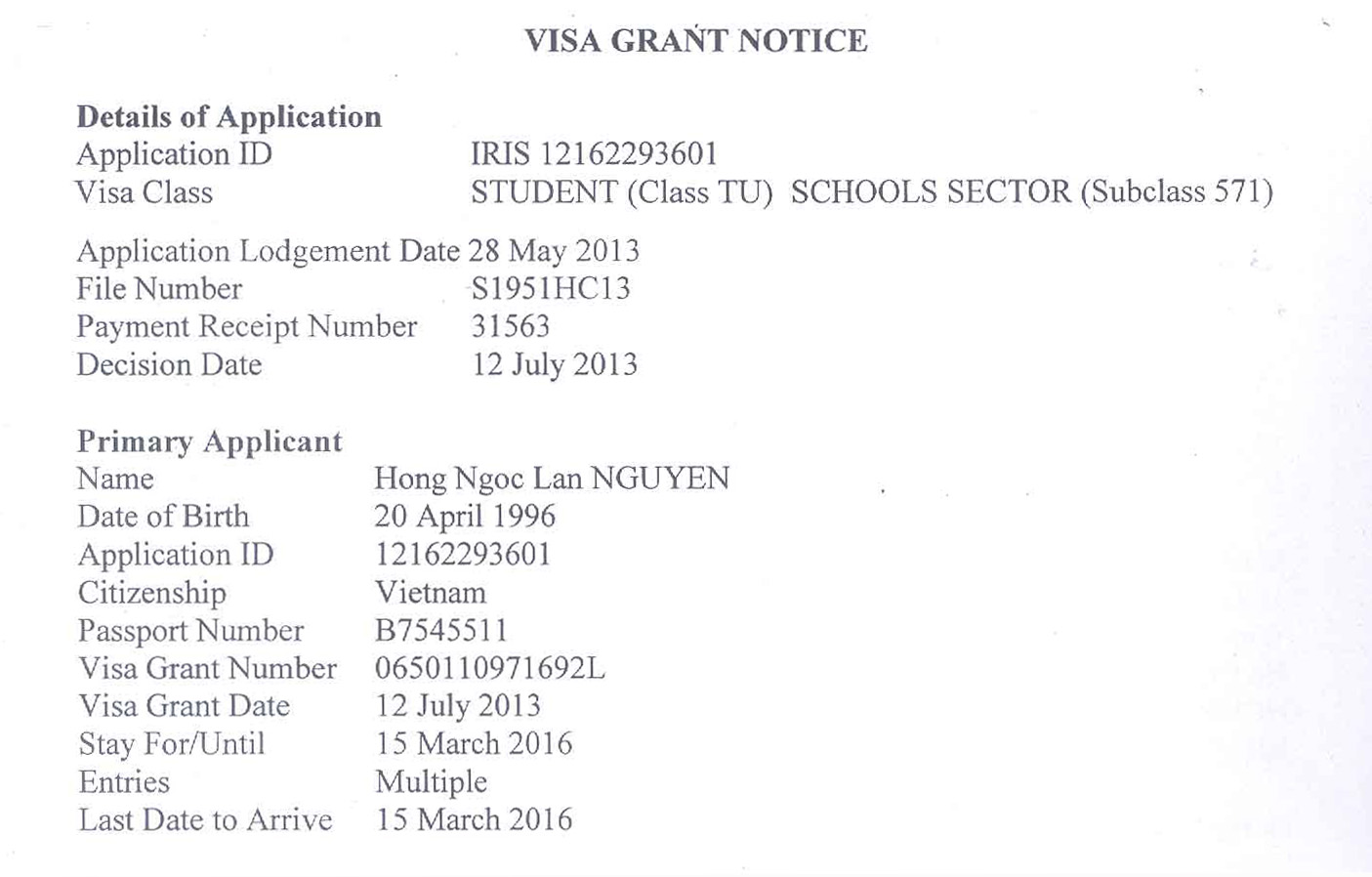 Visa du học Úc - Nguyễn Hồng Ngọc Lan